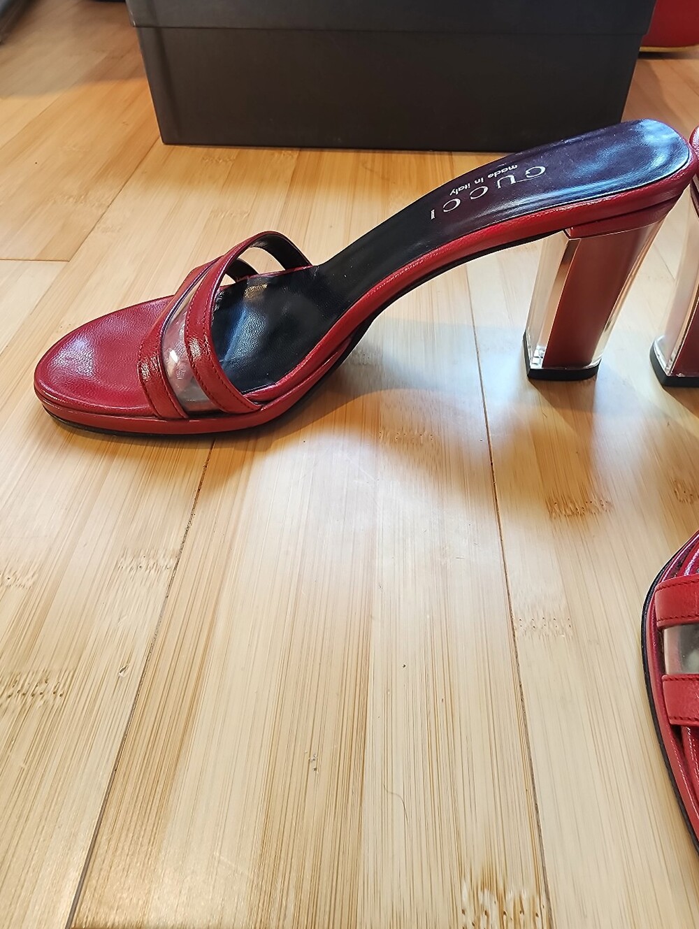 Gucci Red Leather Slide Heels 3.5 In Heel  Clear Chunk Sz 6 - Picture 8 of 11
